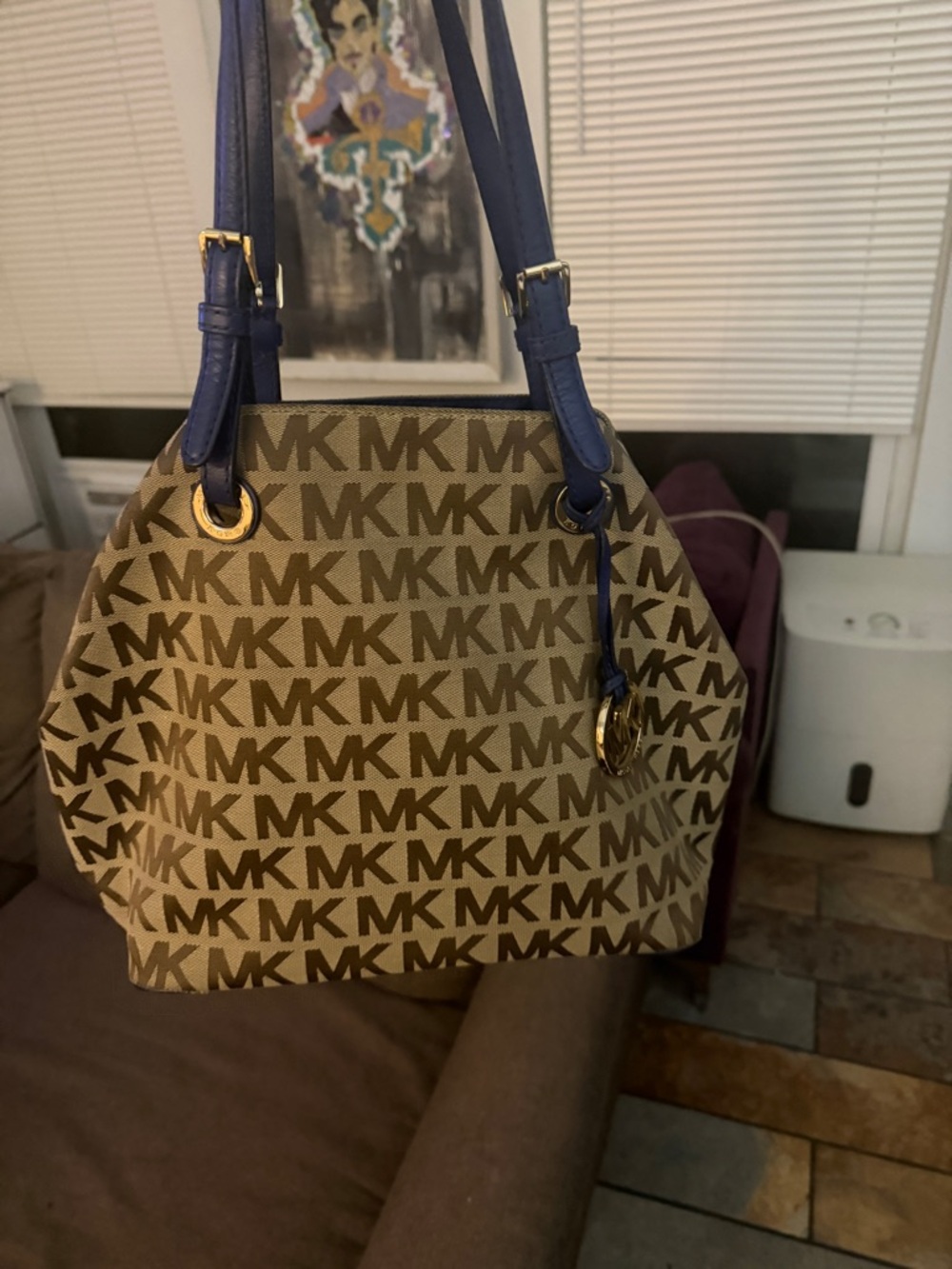 Michael Kors Brown MK Logo Shoulder Bag with Blue Straps